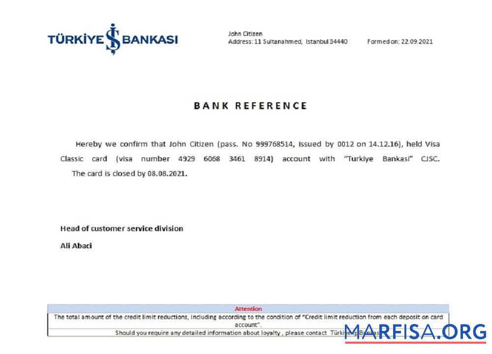 Blank Turkey Is Bankasi closure reference template